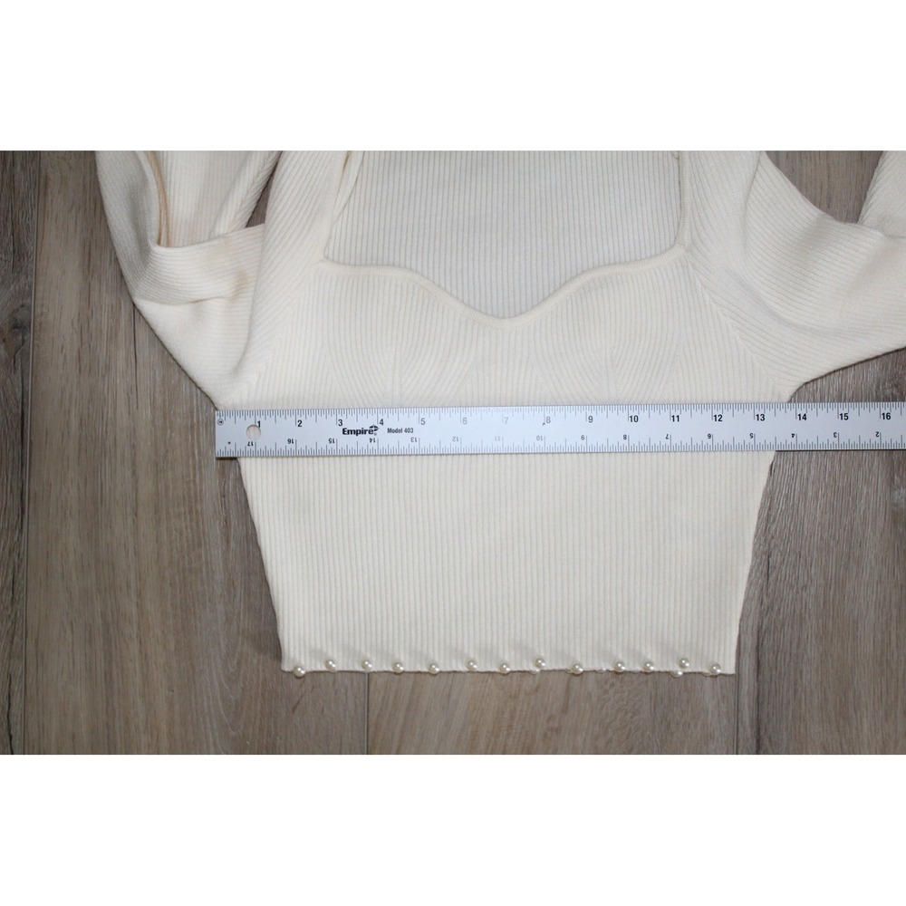 Endless Blu Womens Cream Pearl Hem Ribbed Knit Balloon Sleeve Crop Sweater S NWT - Picture 6 of 8